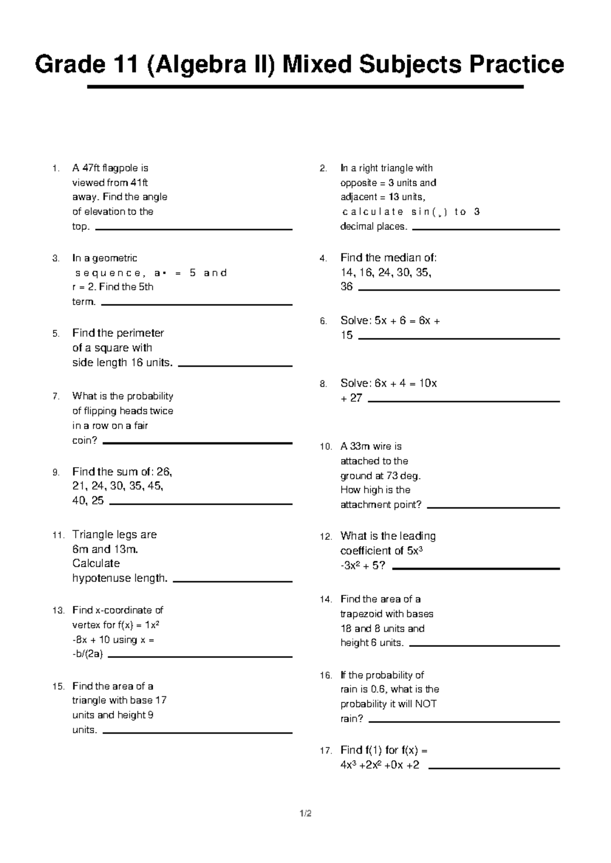 Grade 11 (Algebra II) Mixed Subjects Practice 7 - Studocu