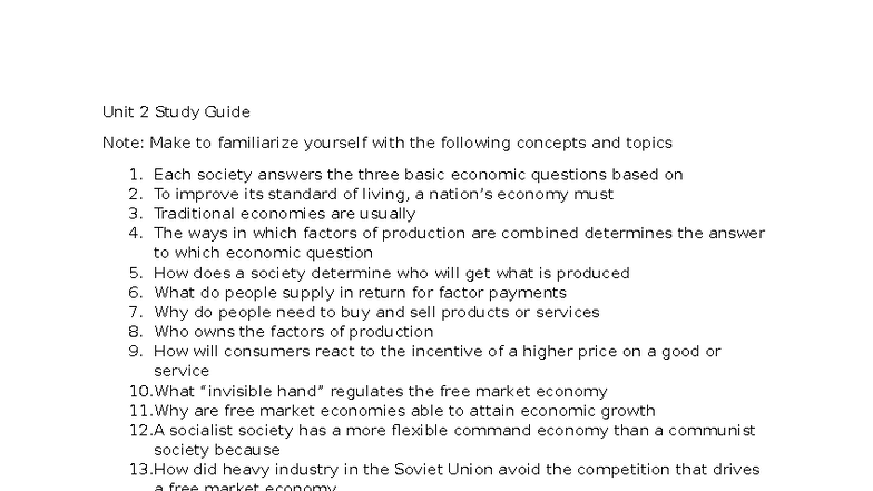Unit 2 Study Guide: Overview of Economic Systems & Key Concepts - Studocu