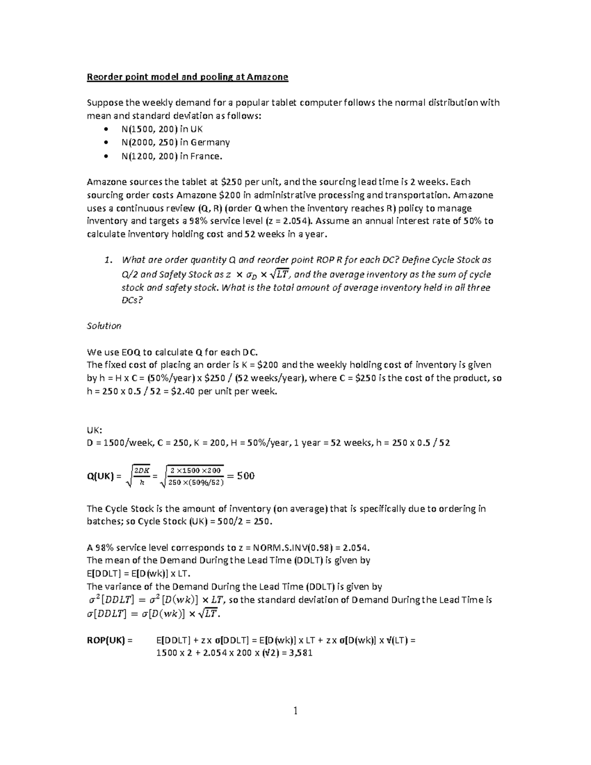 Amazone practice problem solution - 1 Reorder point model and pooling ...