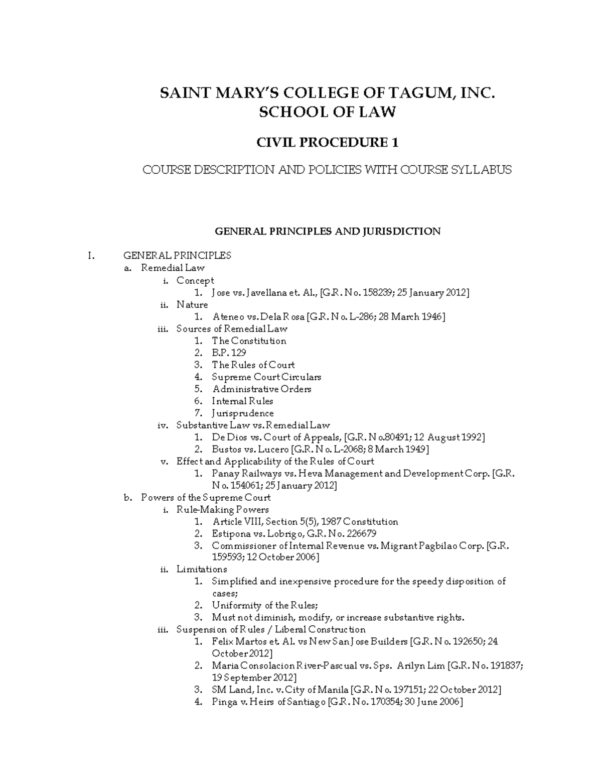 Civil Procedure 1 Syllabus & Course Policies - Saint College of Tagum ...