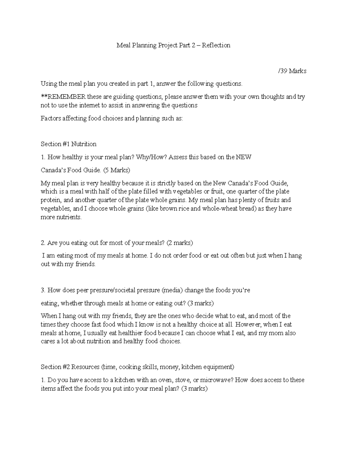 MEAL PLAN #2 - Reflection on Healthy Eating Choices and Practices - Studocu
