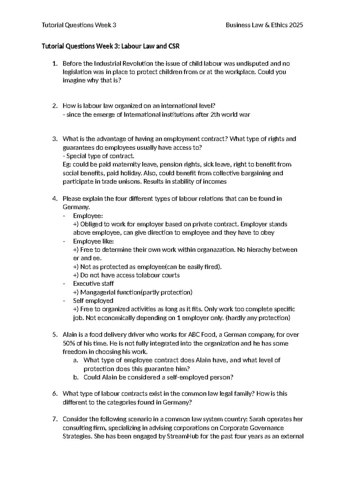 BLE Tutorial Questions Week 3: Business Law Ethics & Labour Law ...