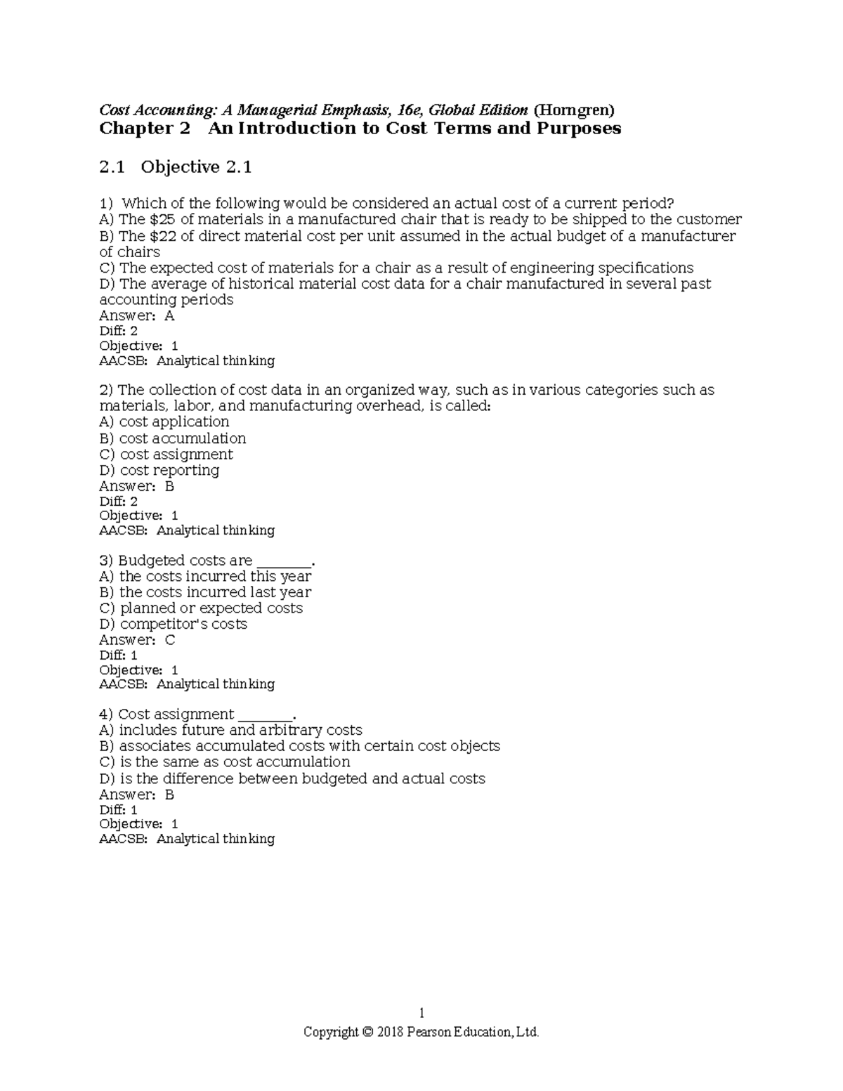 Cost Accounting - Chapter 2 MCQs (Final Exam) - Studocu