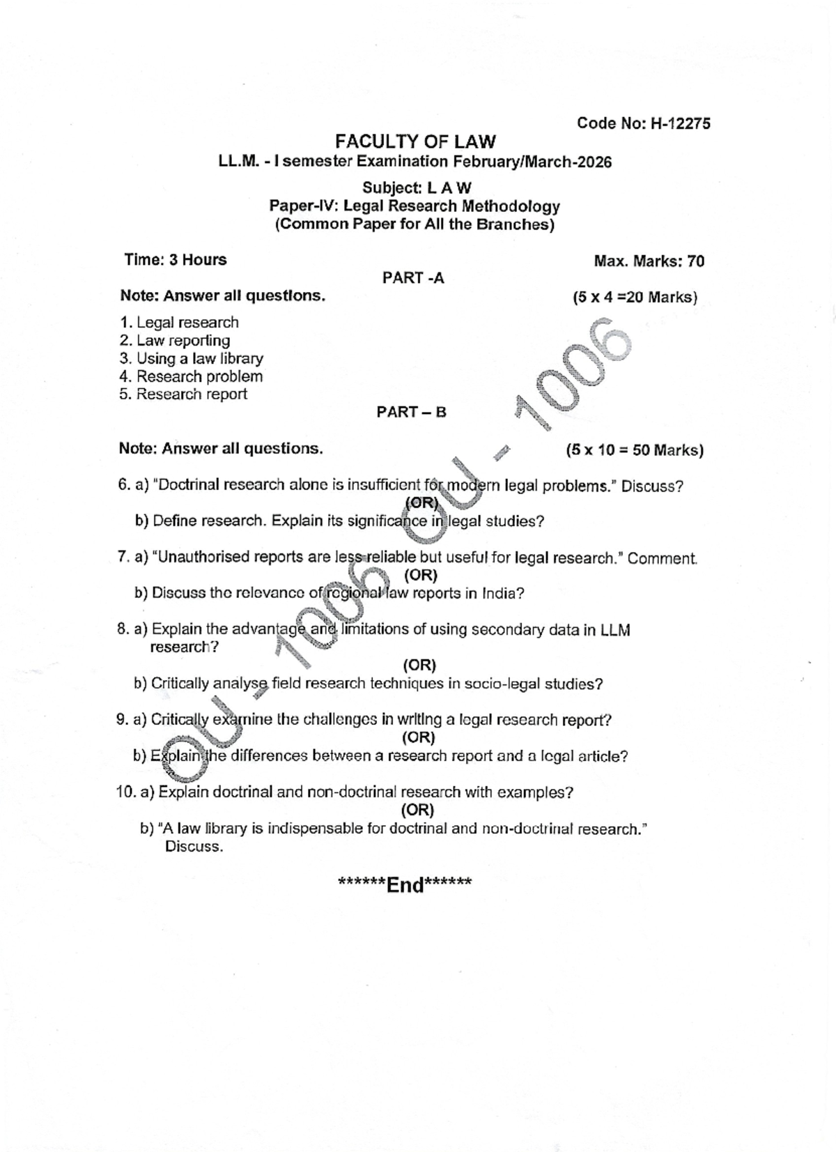 LLM I Semester Exam: Legal Research Methodology QP FEB-March 2026 - Studocu