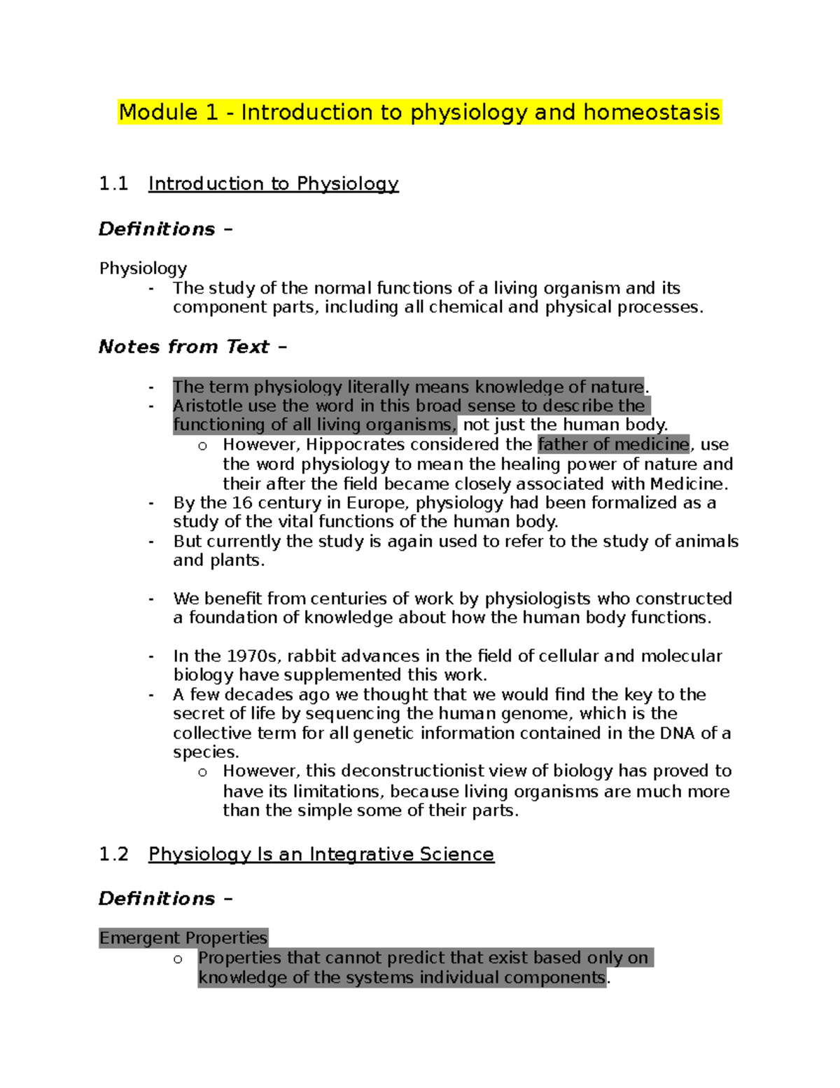 Module 1 - notes - Module 1 - Introduction to physiology and ...