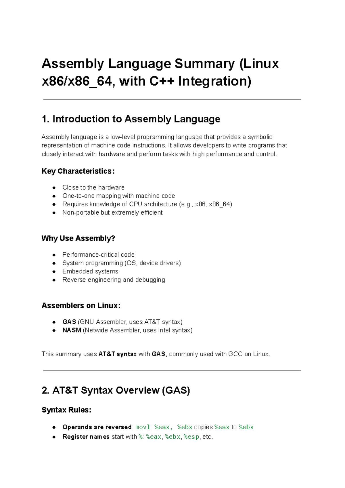 Assembly Language Summary (Linux x86/x86_64, C++ Integration) - Studeersnel
