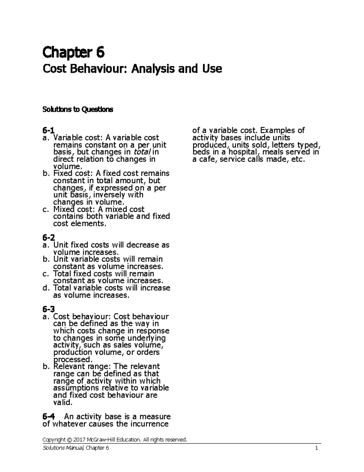 Chapter 6 - Cost Behaviour Solutions for Managerial Accounting - Studocu