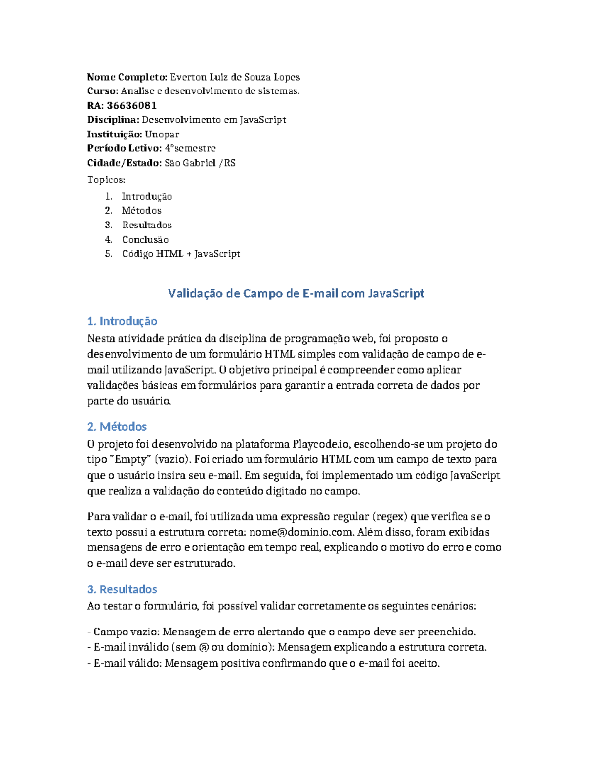 Trabalho de validação de email em JavaScript - ADS 36636081 - Studocu
