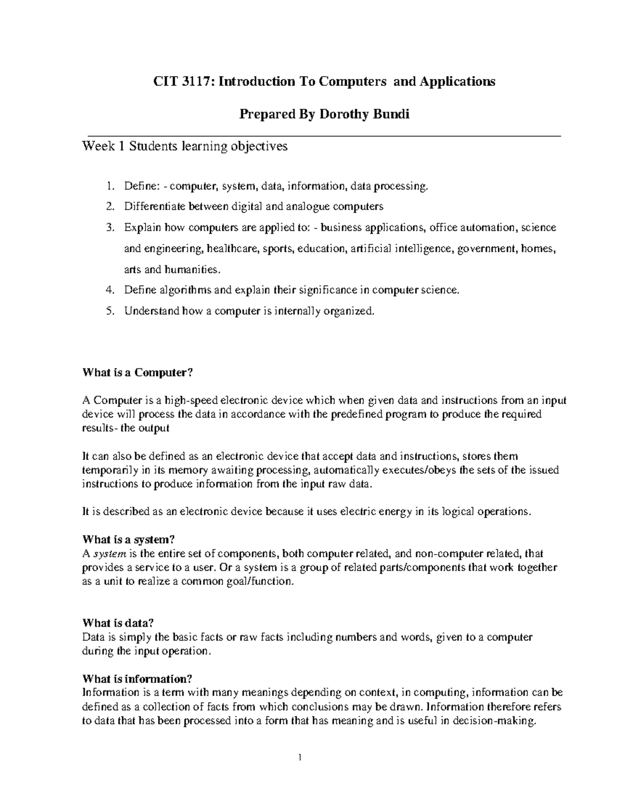 CIT 3117: Intro to Computers & Applications - Student Manual Guide ...