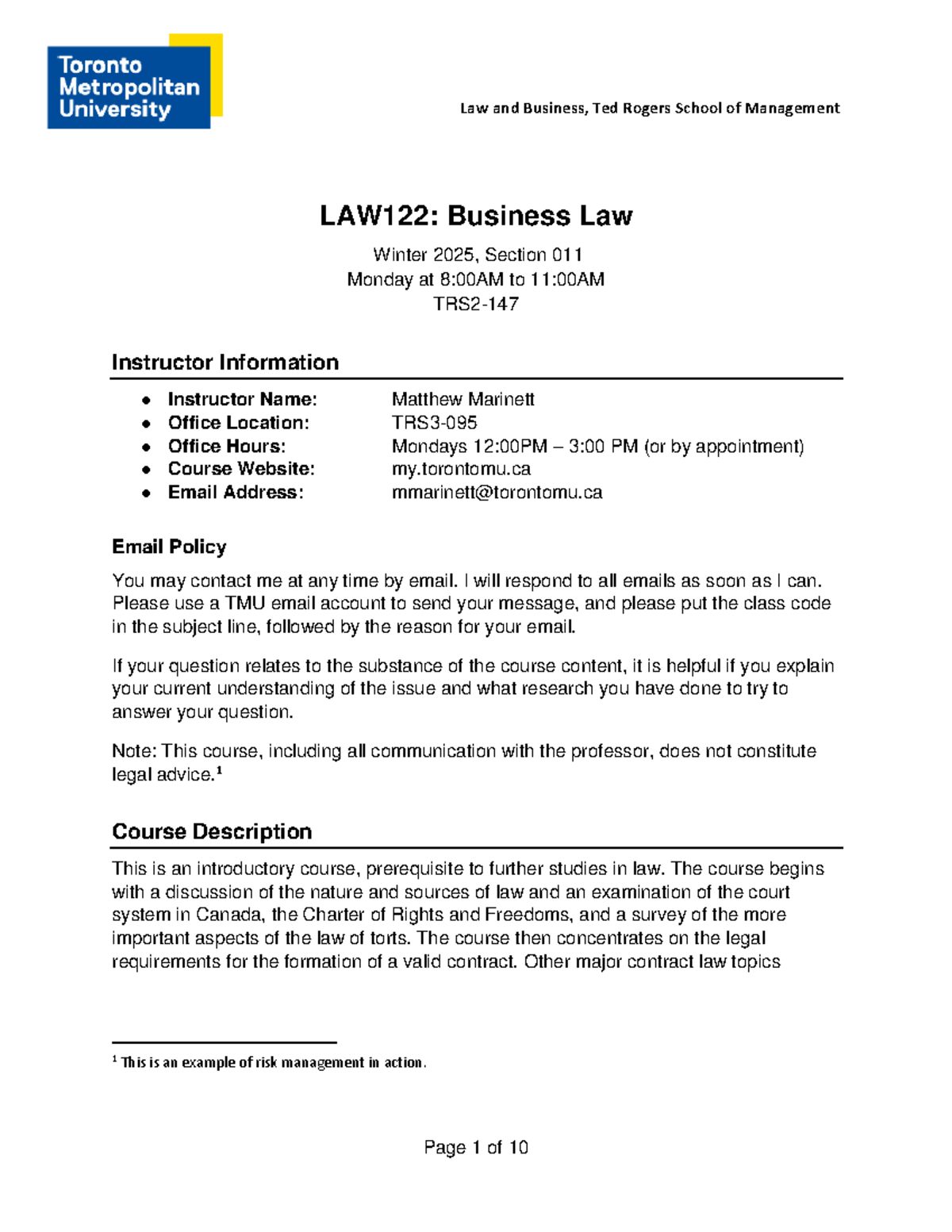W25 LAW122-011: Business Law Course Outline by Matthew Marinett - Studocu
