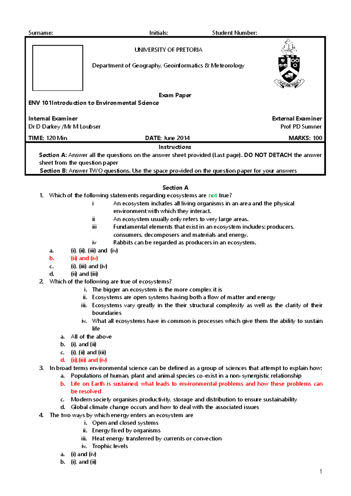 ENV 101 June 2014 Final Exam Memo - Detailed Review and Solutions - Studocu