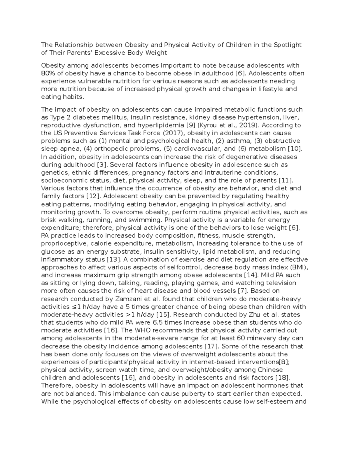 The Correlation of Physical Activity and Obesity in Adolescents: A ...