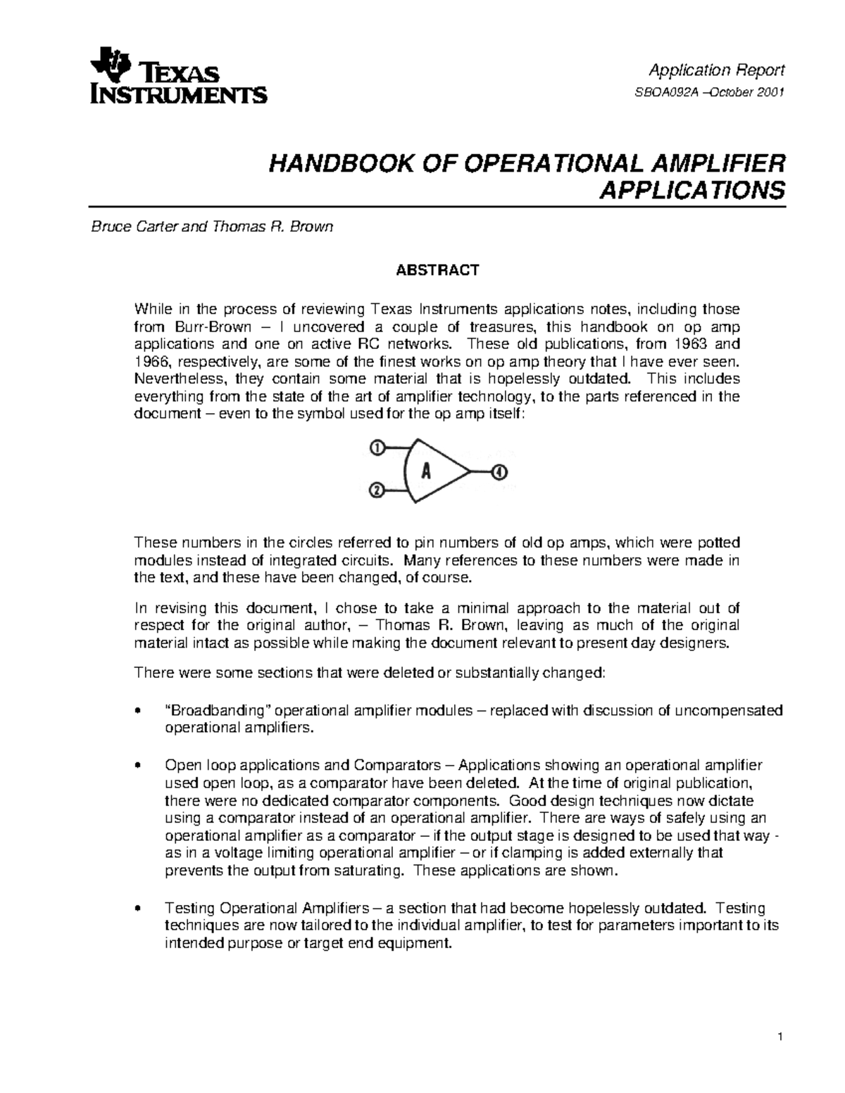 SBOA092A – Handbook of Operational Amplifier Applications (2001 