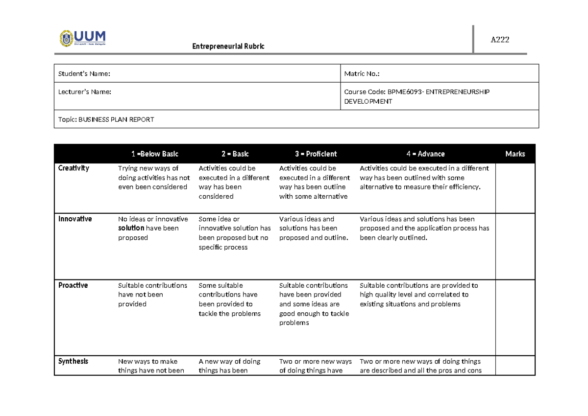 Rubric- BP Report - Entrepreneurial Rubric A Student’s Name: Matric No ...