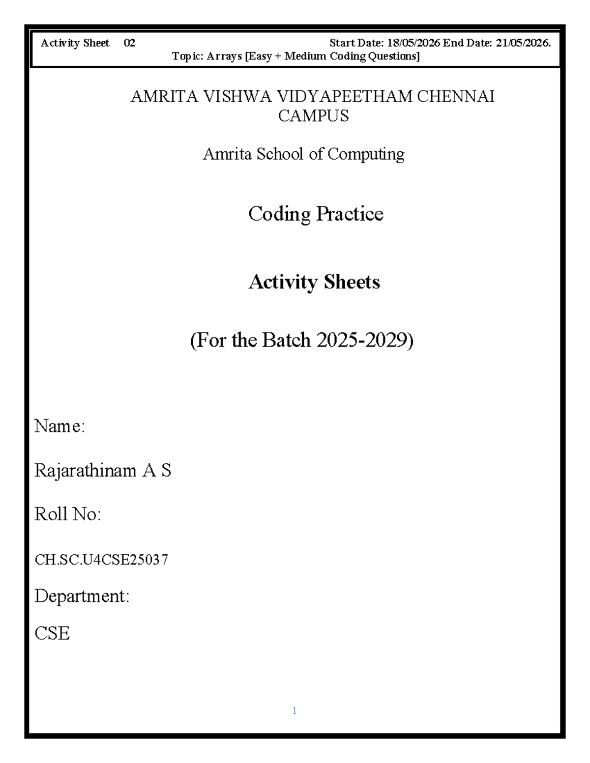 Activity Sheet 02: Arrays Coding Practice for CSE CT CYS AIE RAI - Studocu