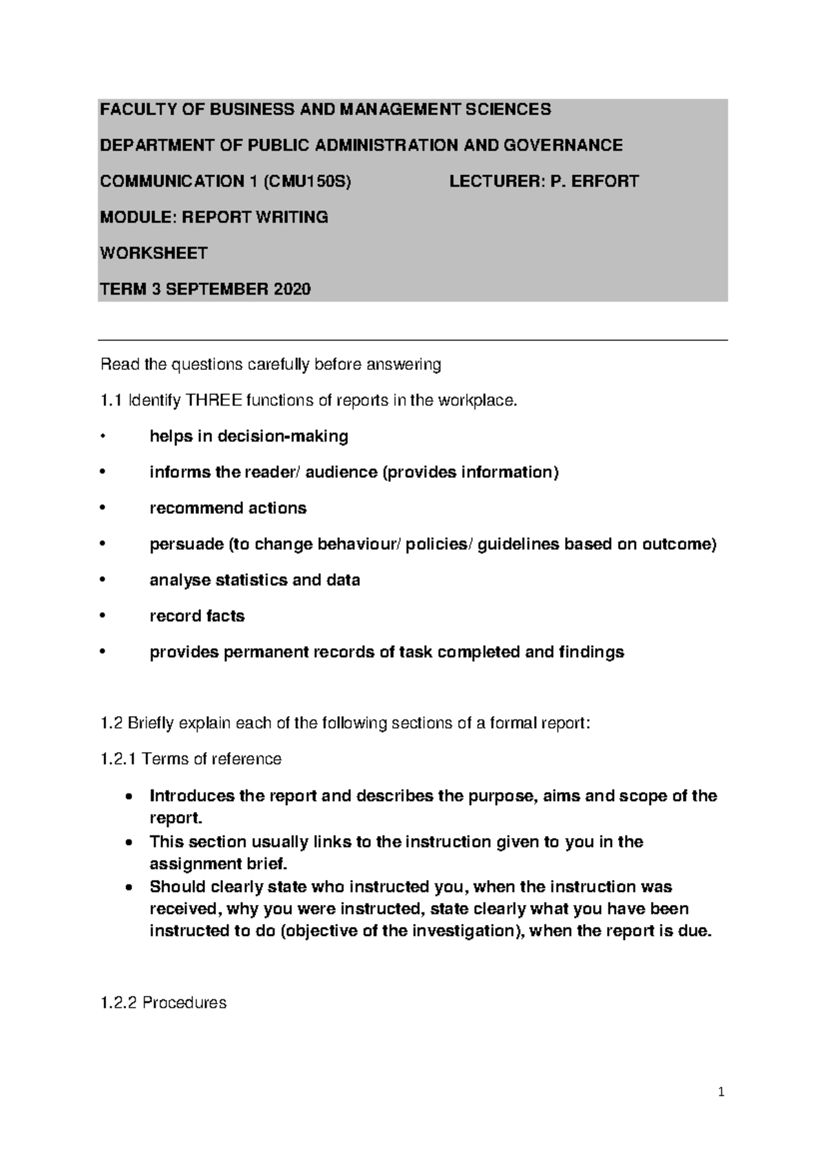 Report Writing Worksheet Answers for CMU150S Module - Studocu