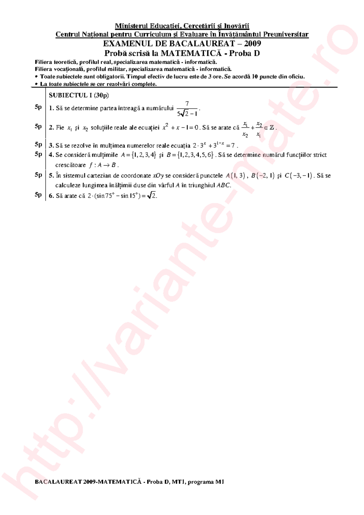 BAC 2009 - Proba D Matematică - Varianta 045 - Subiecte Exam - Studocu
