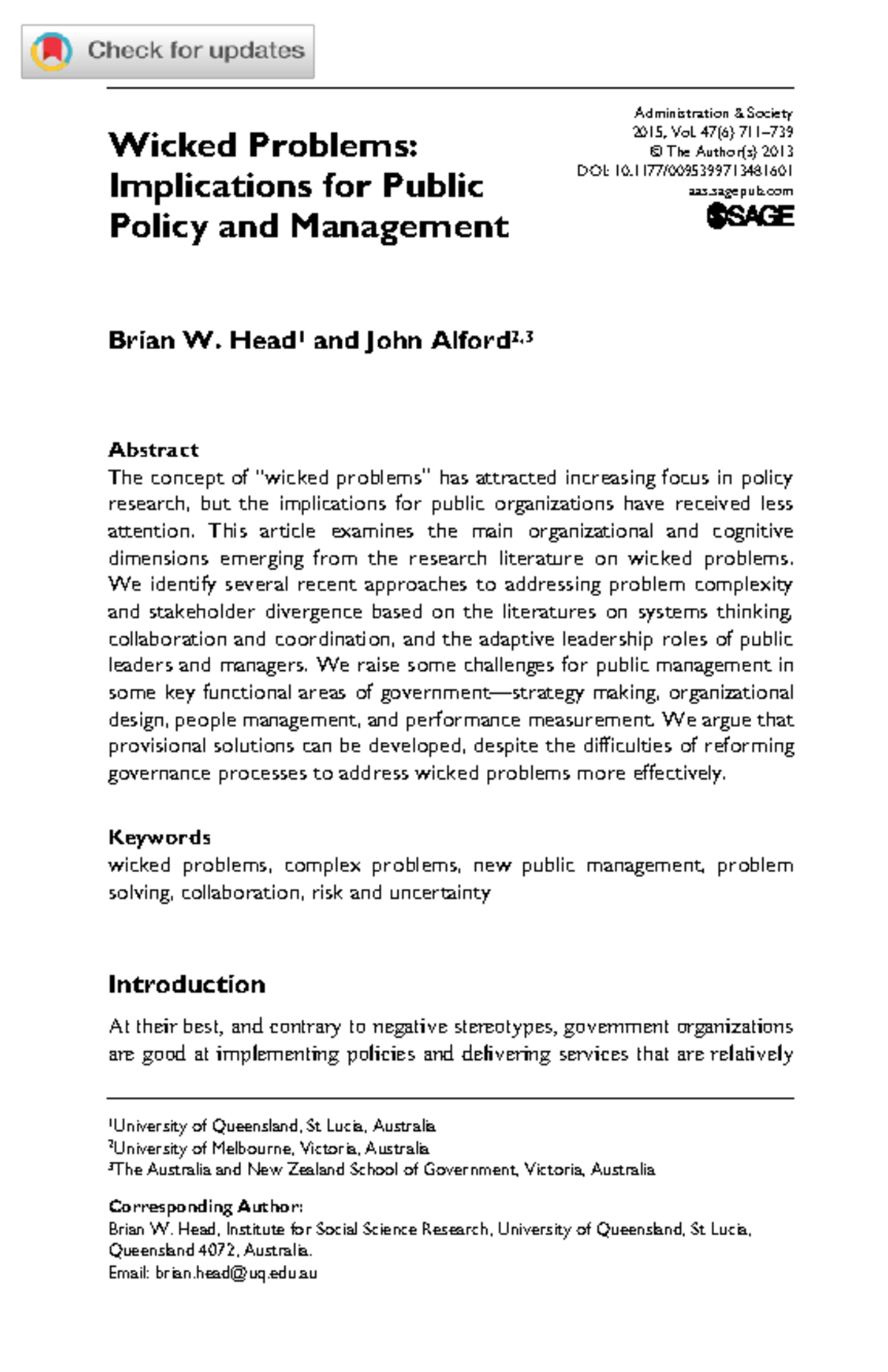 Wicked Problems: Impacts on Public Policy & Management (Head & Alford ...