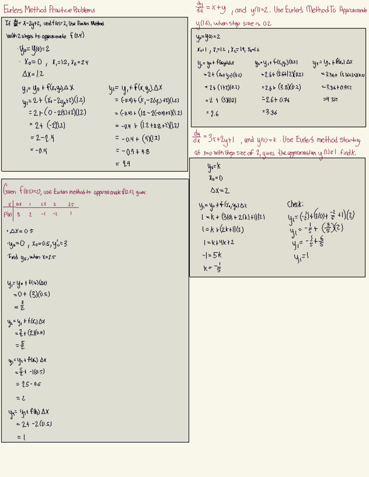 Math 181 - Differential Equations: Euler's Method Practice Problems ...