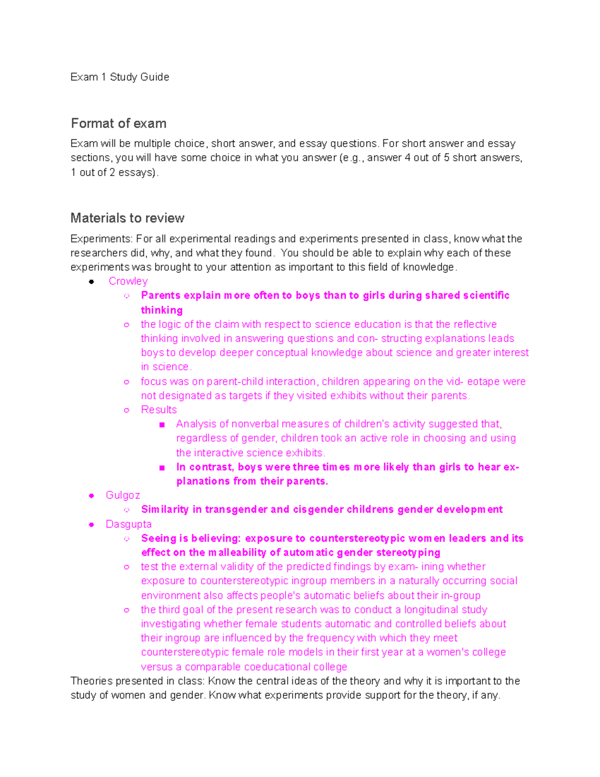 Exam 1 Study Guide - EXAM 1 REVIEW - Exam 1 Study Guide Format of exam ...
