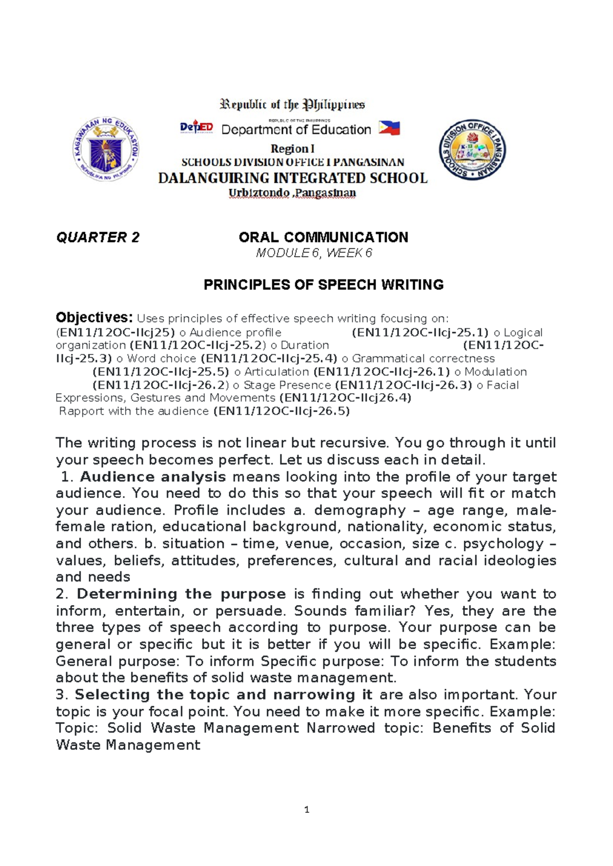 Oral Communication EN11/12OC-IIcj25 Q2 Week 6: Speech Writing ...