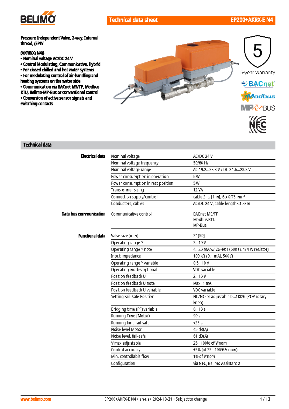 Belimo EP200 AKRX-E N4 Pressure Independent Valve Datasheet - Studocu