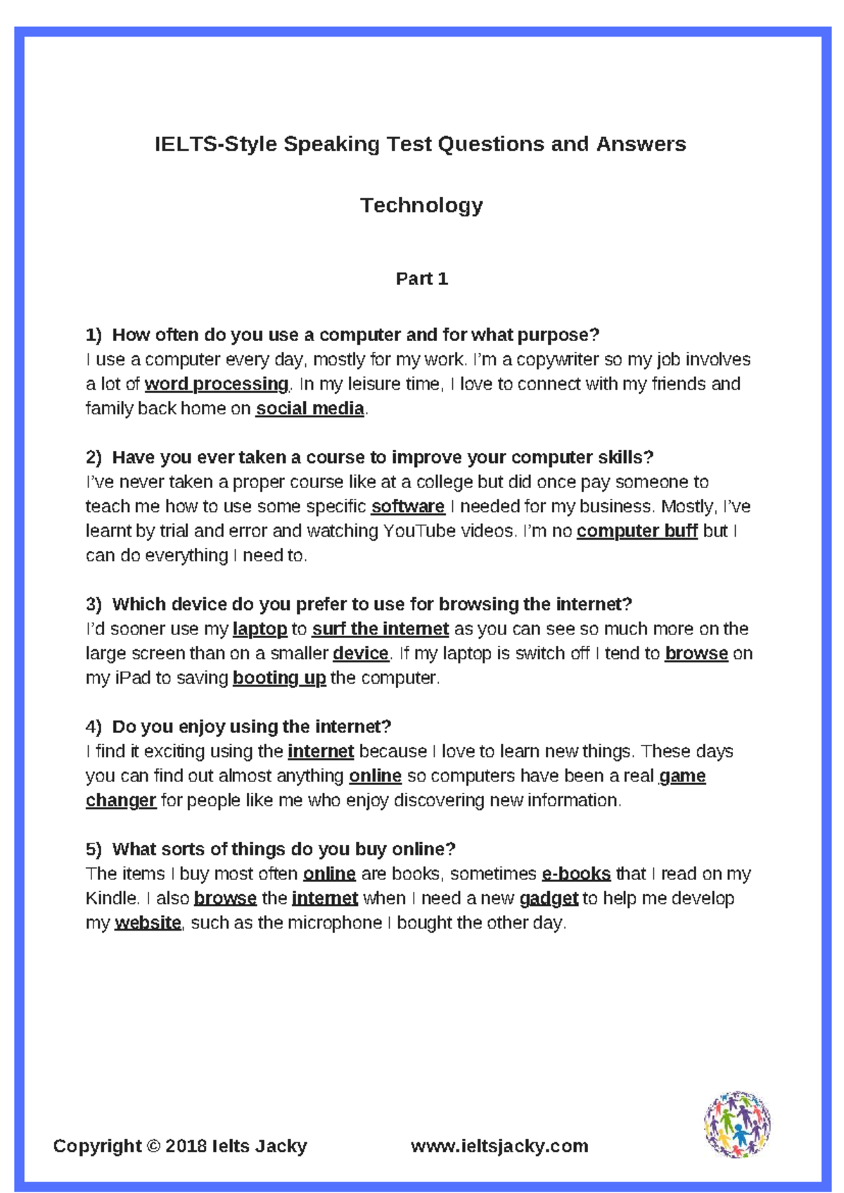 Technology Speaking Test Questions & Answers (Part 1) - Studocu