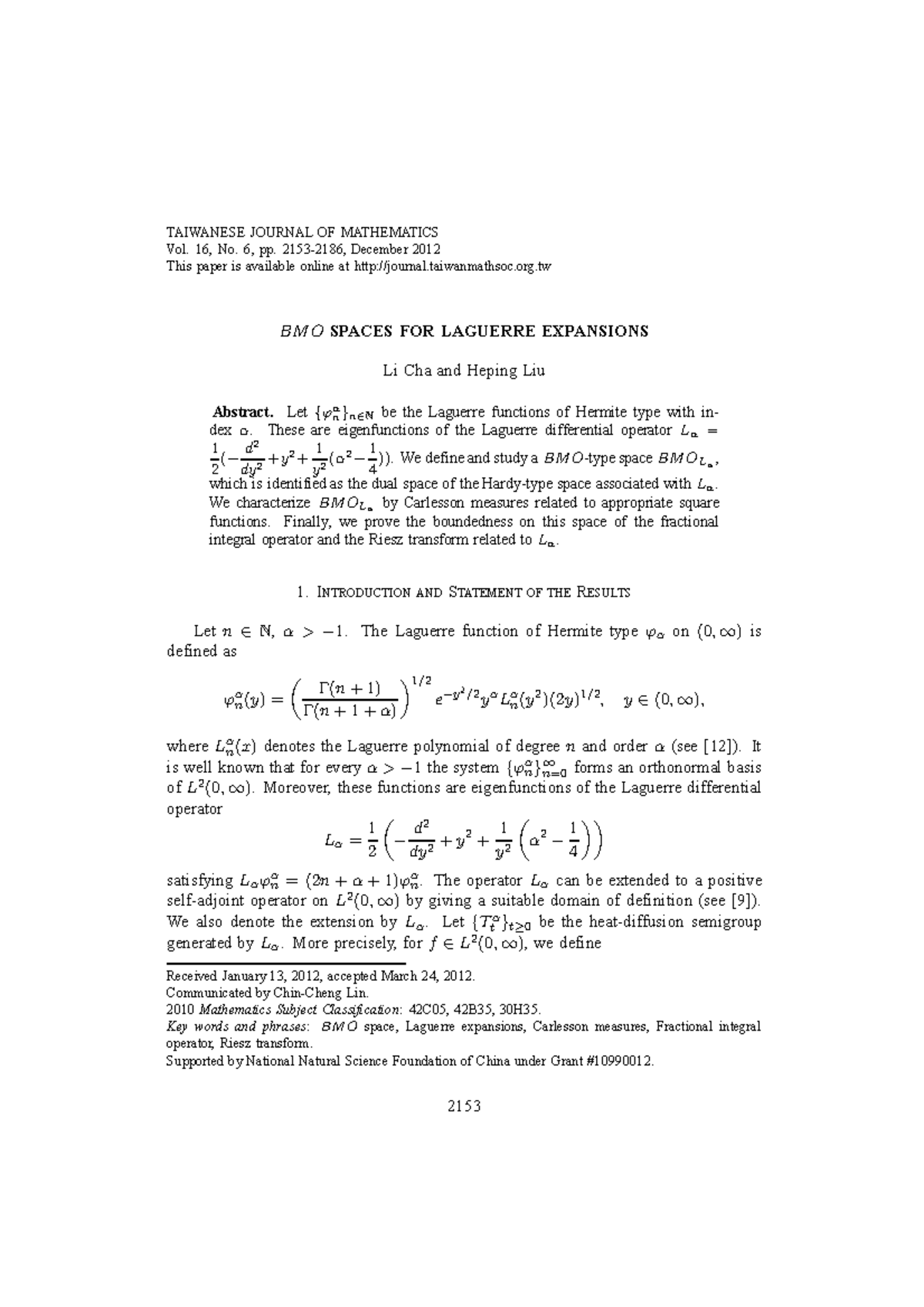 BM O Spaces for Laguerre Expansions in Taiwanese Mathematics Journal ...