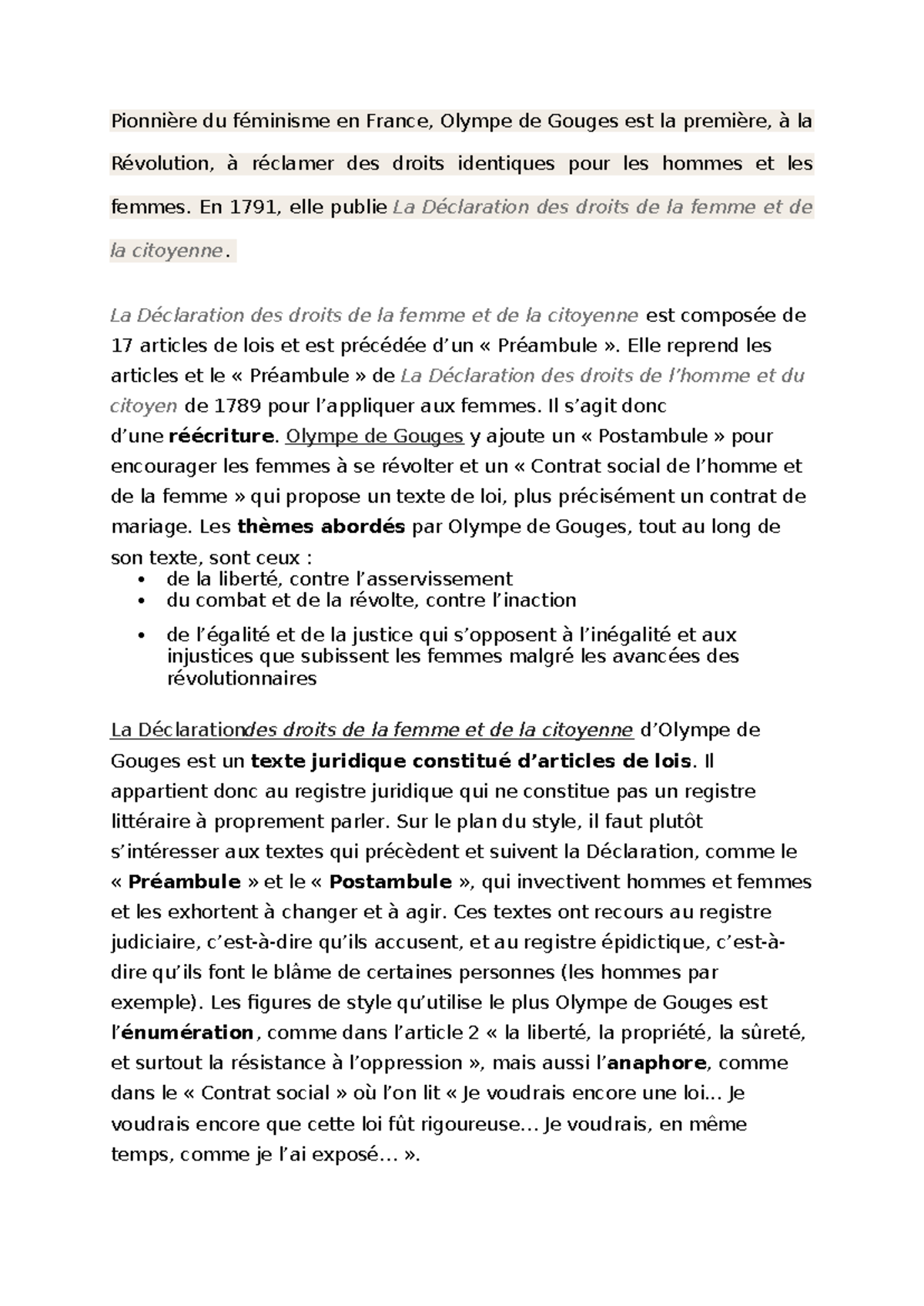 Olympe de Gouges : Résumé Bac FR sur la Déclaration des droits des ...