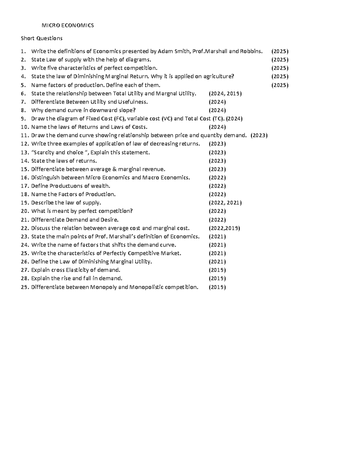MICRO ECONOMICS Short Questions & Answers (2025) - Studocu