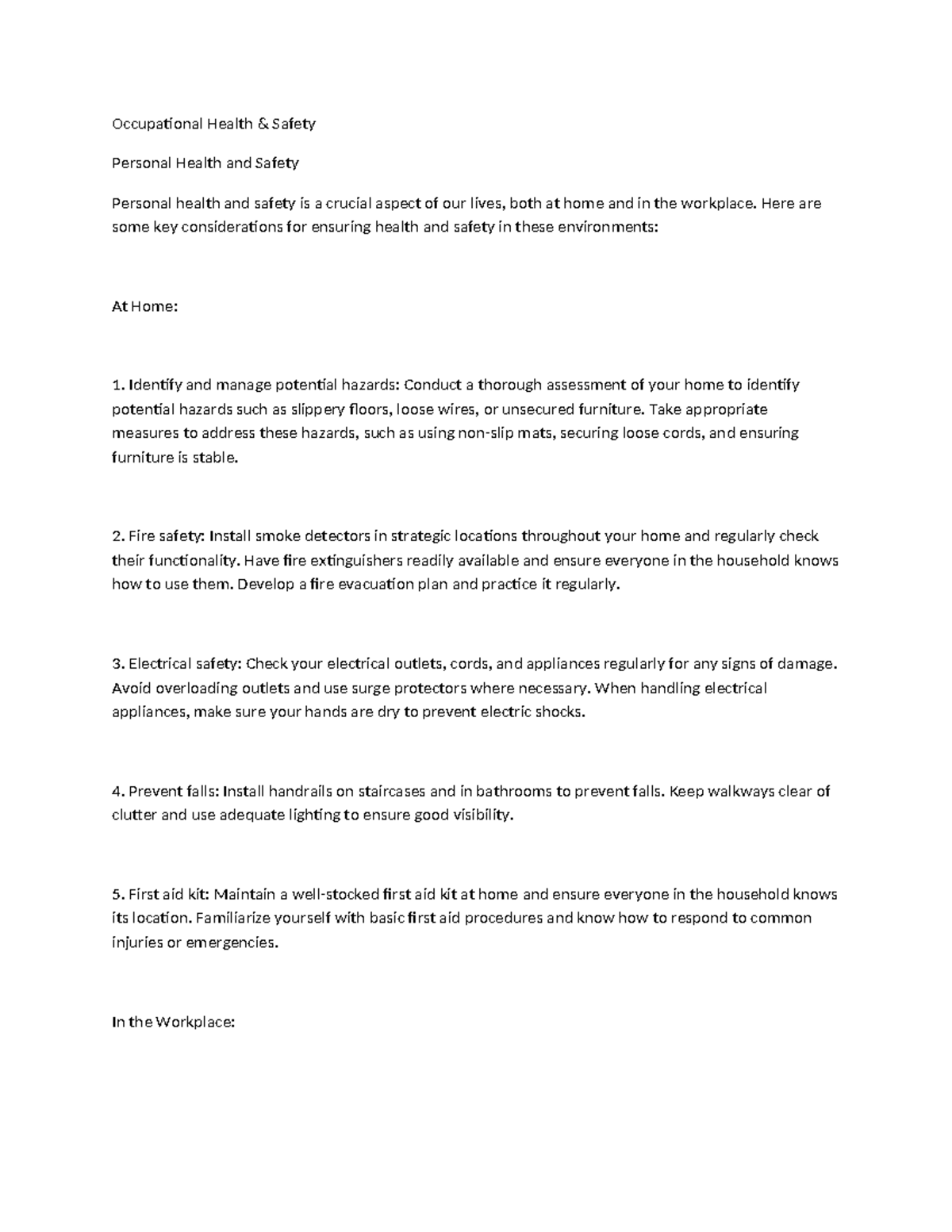Occupational Health & Safety Notes: Personal and Workplace Safety ...
