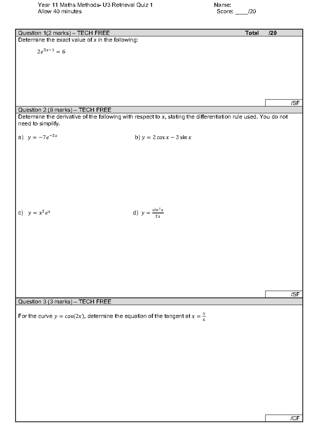 Year 12 Maths Methods Unit 3 Retrieval Quiz 5 - Differentiation ...