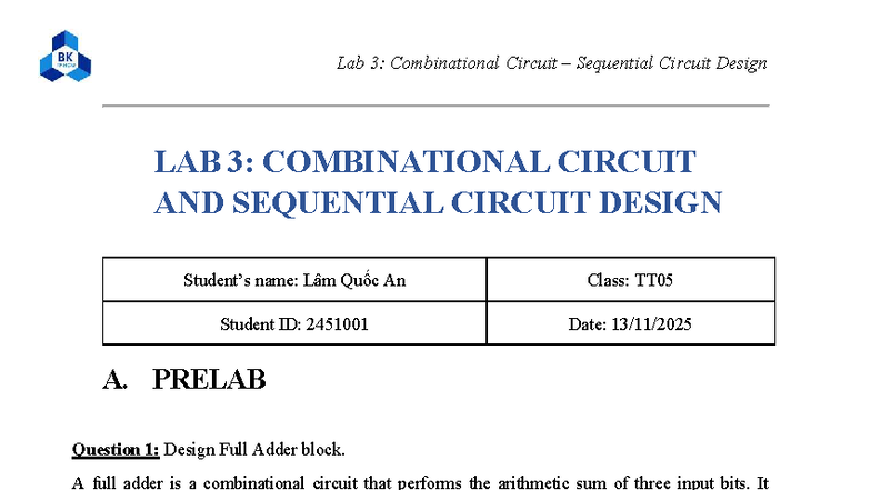 Prelap 3 - Electronics Department LAB 3: COMBINATIONAL CIRCUIT AND ...