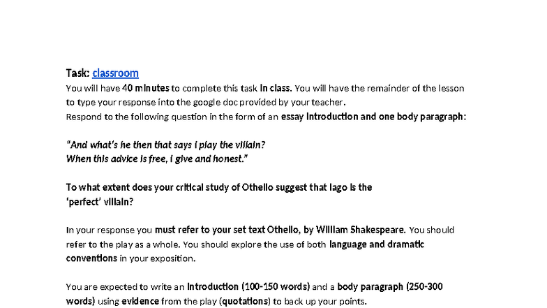 Othello Progress Task: Analyzing Iago's Villainy in Shakespeare's ...