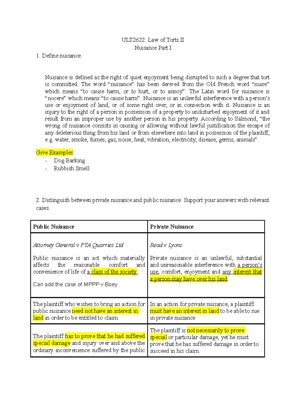 ULT6223: Law of Torts II Tutorial 2 - Private and Public Nuisance ...
