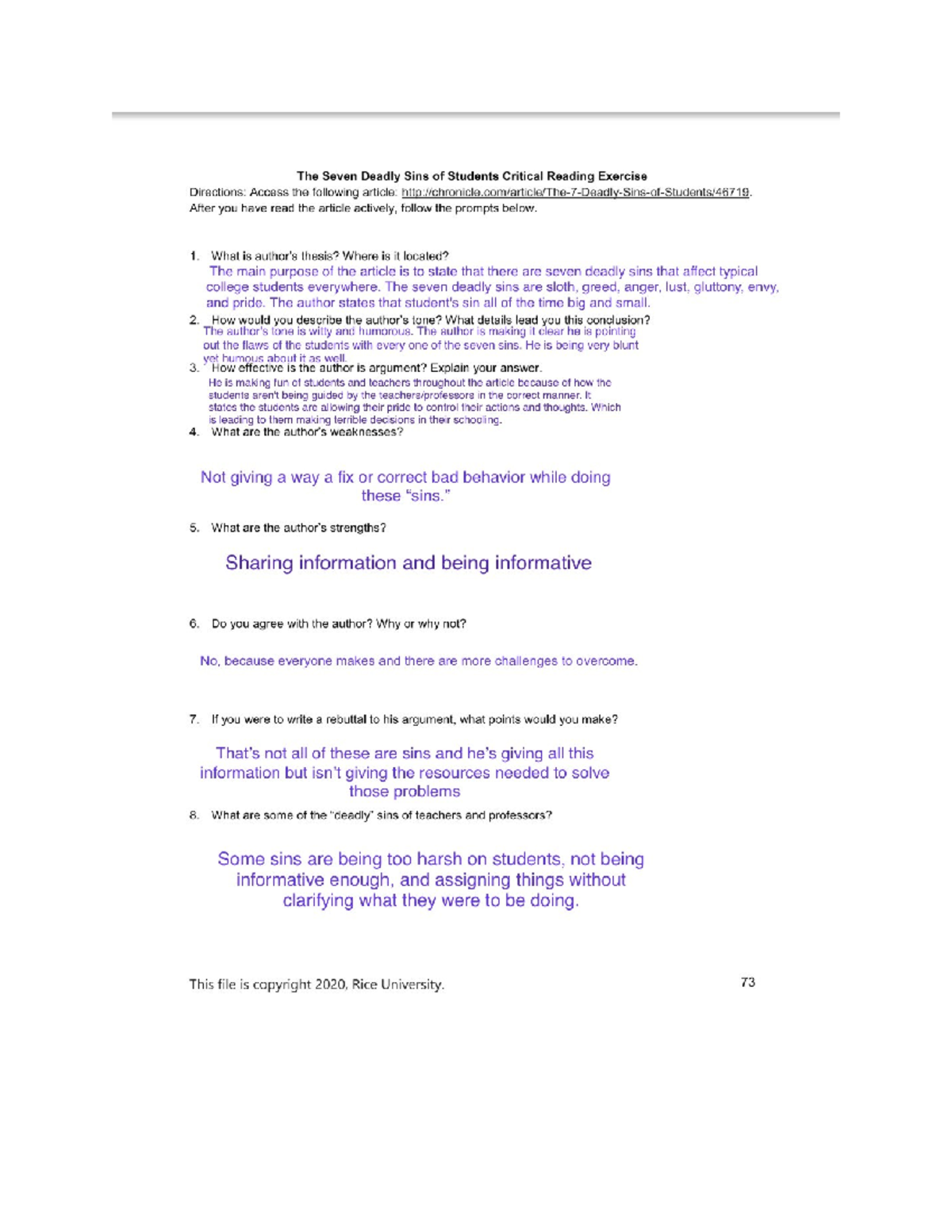 Critical Reading of "7 Deadly Sins": A Student's Perspective on Sins