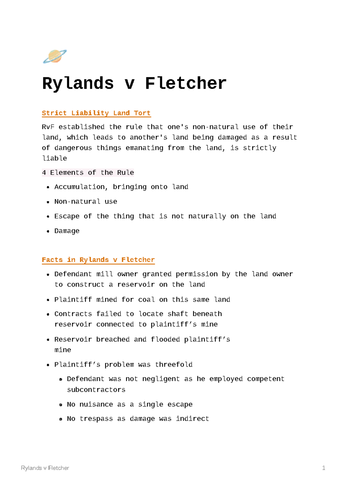 Rylands v Fletcher: Key Points on Strict Liability Land Tort - Studocu