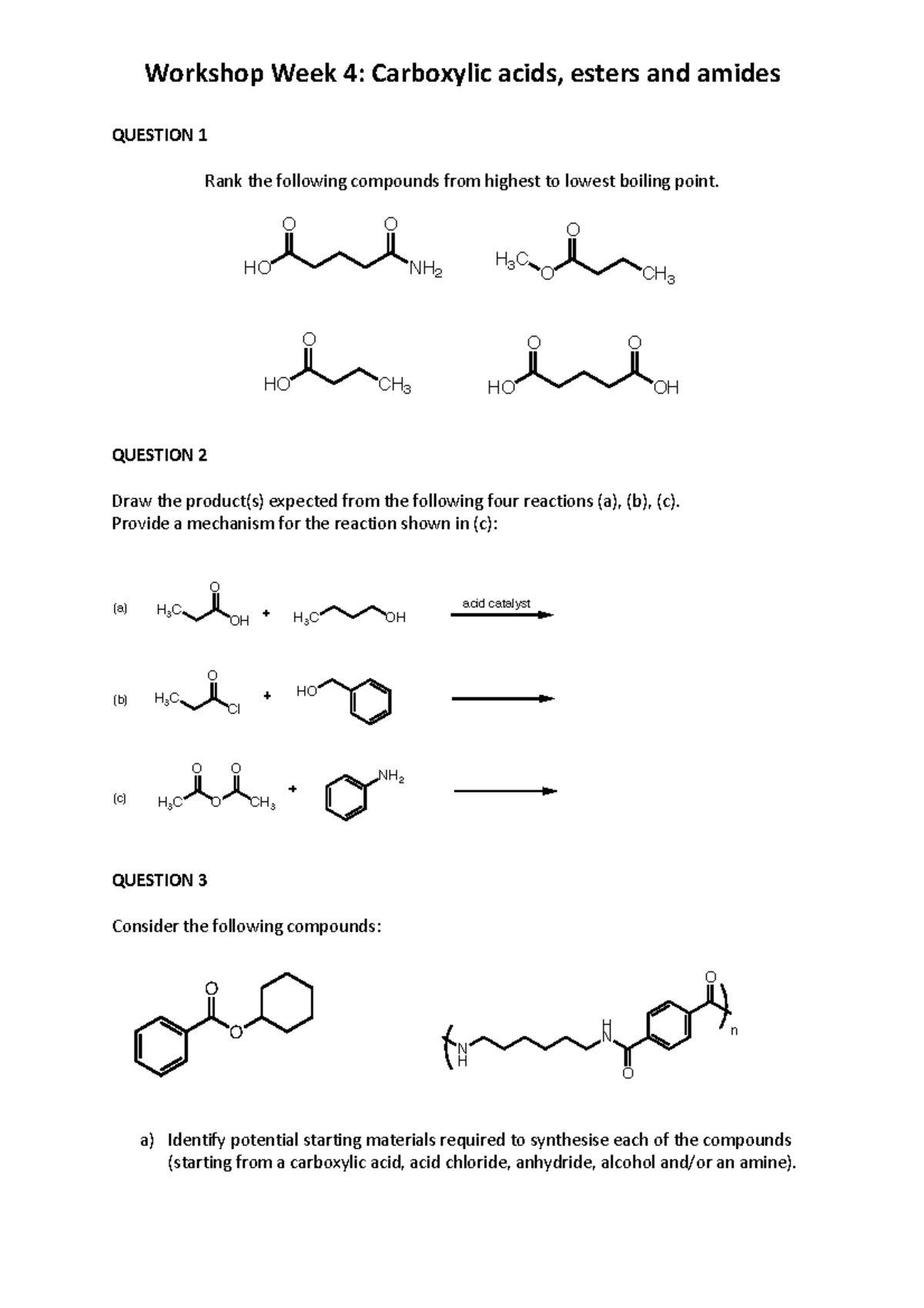 CHM1022 Workshop W4: Carboxylic Acids, Esters & Amides Exercises - Studocu