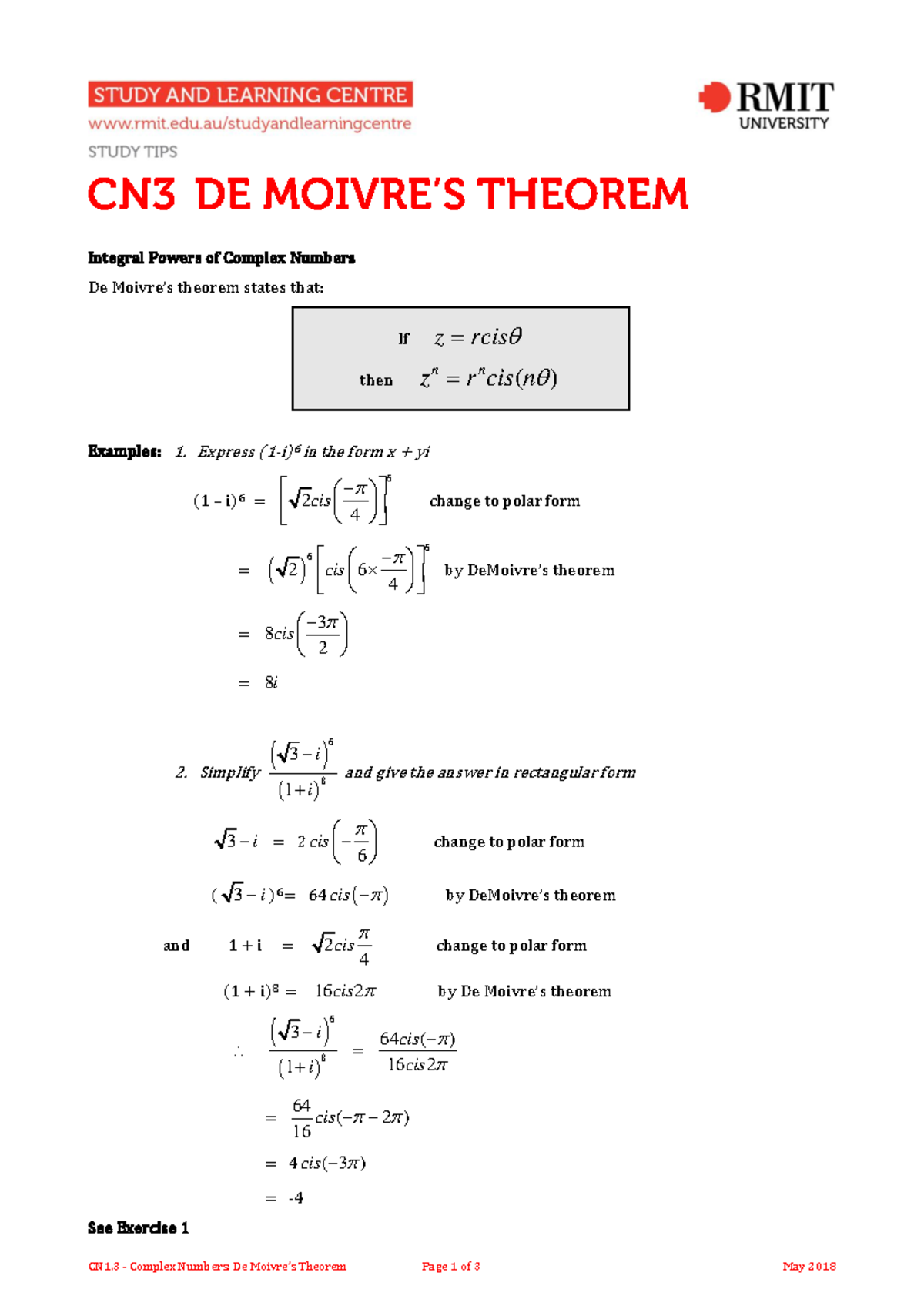 Complex Numbers: De Moivre's Theorem CN1.3 Lecture Notes - Studocu