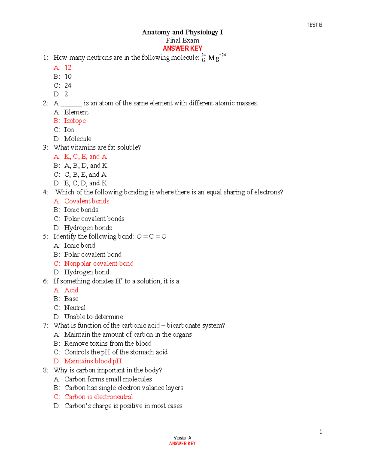 Final Exam KEY - Anatomy and Physiology I Test B Answers - Studocu