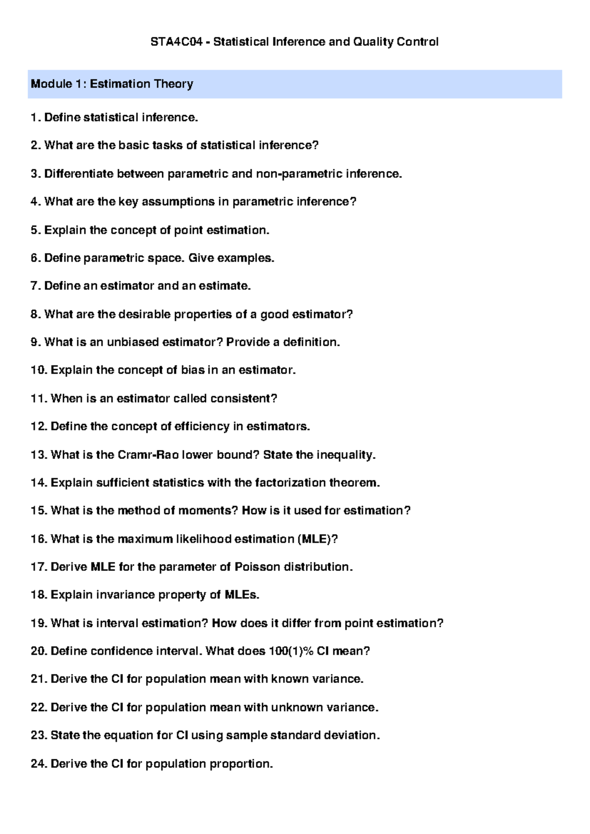 STA4C04 Statistical Inference & Quality Control: Theory Questions - Studocu