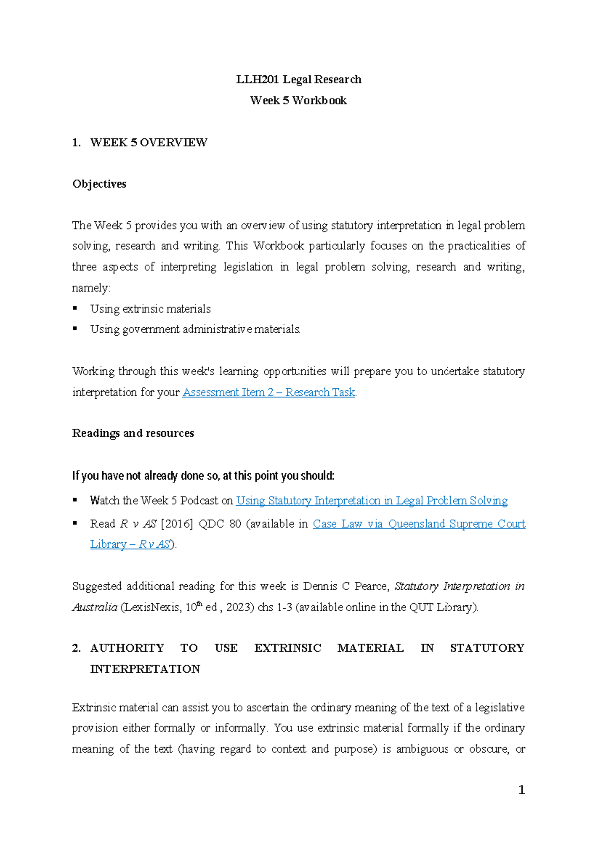 LLH201 Legal Research Week 5 Workbook: Statutory Interpretation ...