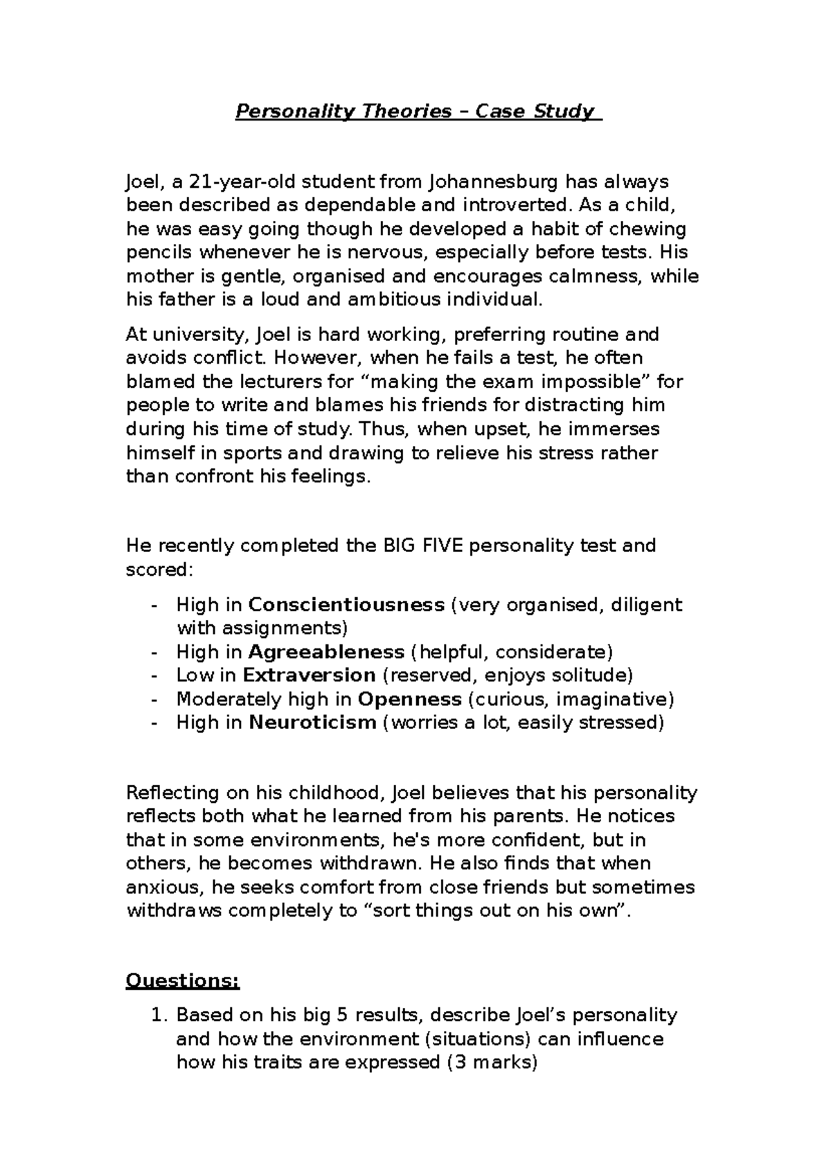 Personality Theories - Case Study Assessment LW: Joel's Big Five ...