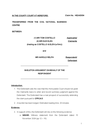 Skeleton Argument - IN THE COUNTY COURT AT WARWICK Claim No. WW 2500273 ...