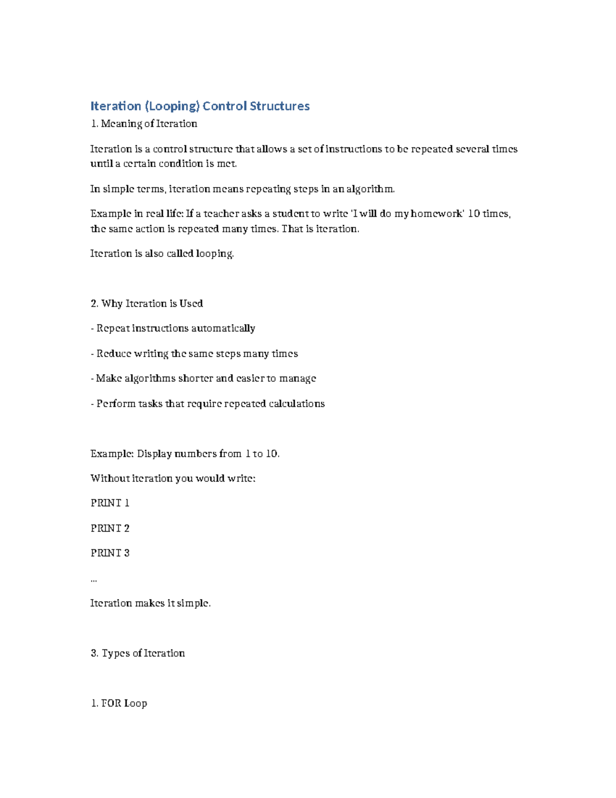 Iteration Control Structures: FOR, WHILE, REPEAT UNTIL Notes - Studocu
