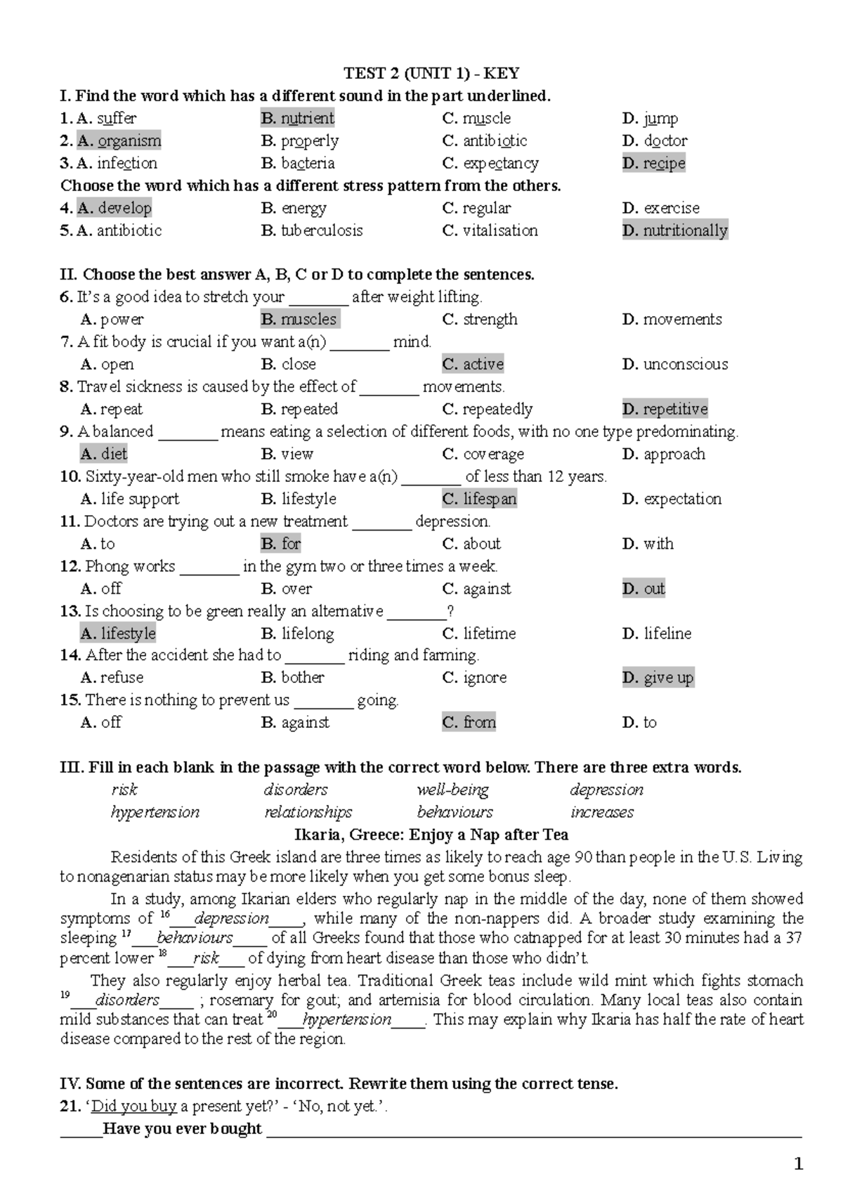 Test 2 (Unit 1) - Key Vocabulary and Grammar Exercises - Studocu
