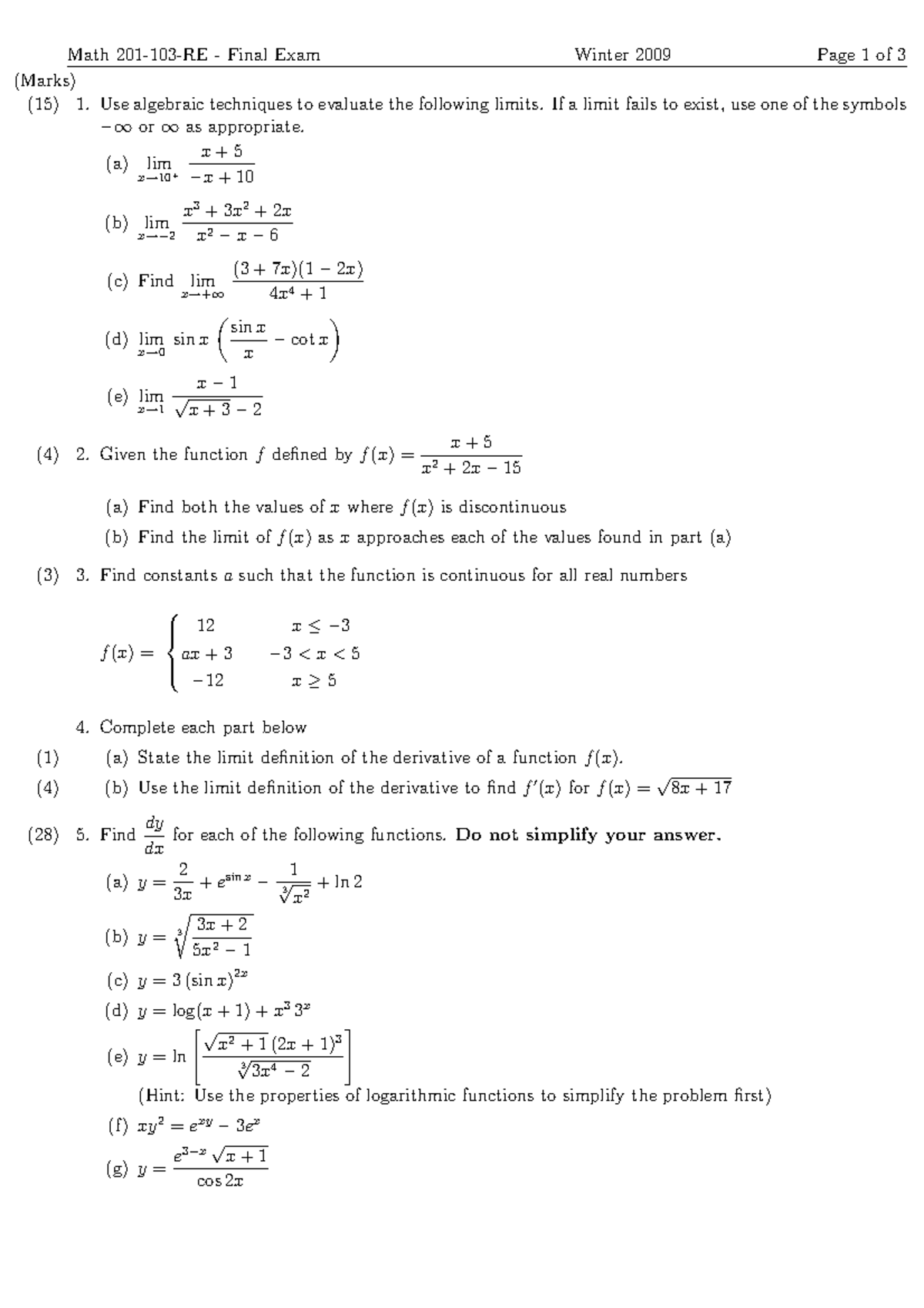 Math 201 Final Exam Winter 2009: Limit and Continuity Problems - Studocu