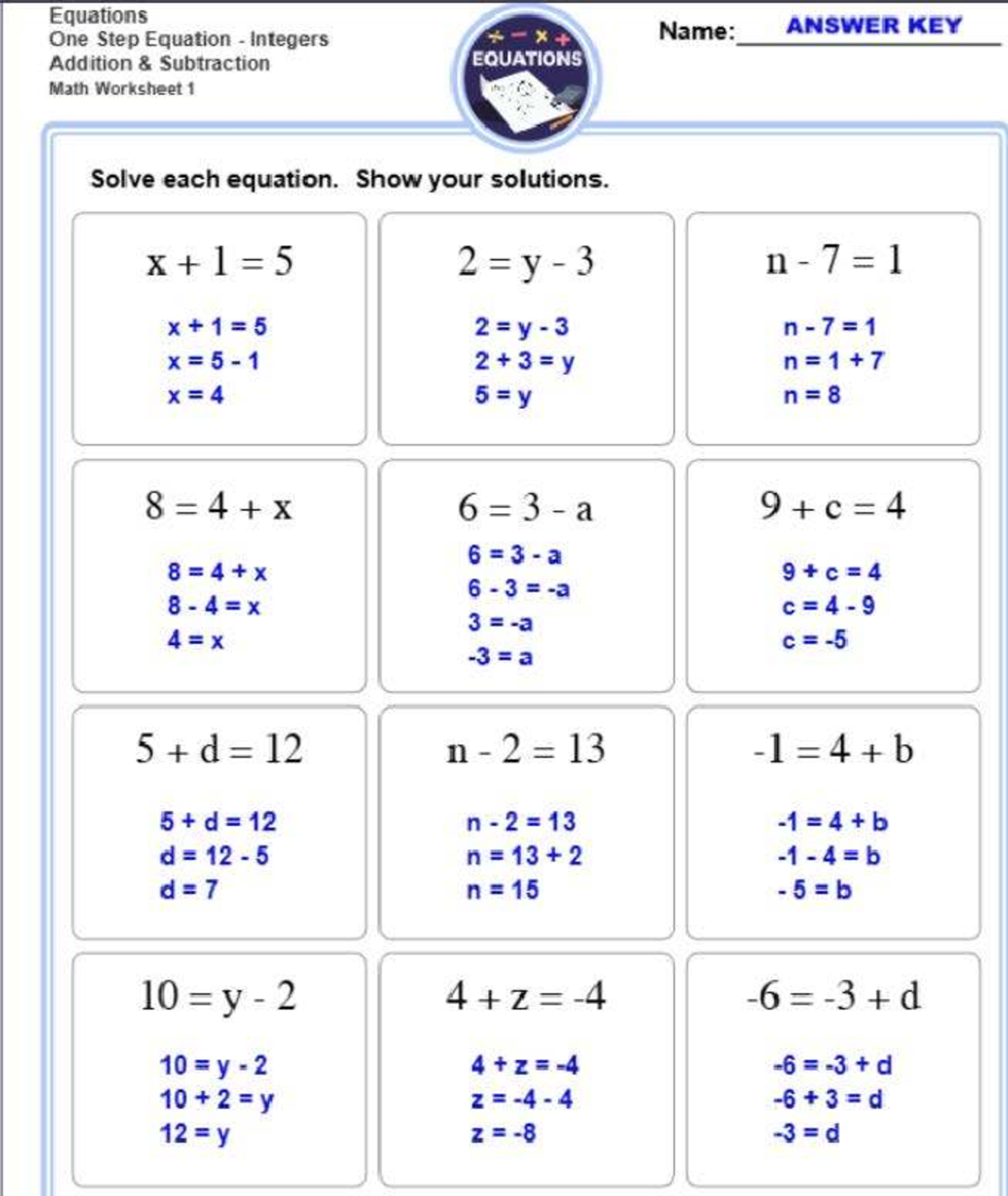 One-Step Integer Equations Worksheet - ANSWER KEY - Studocu