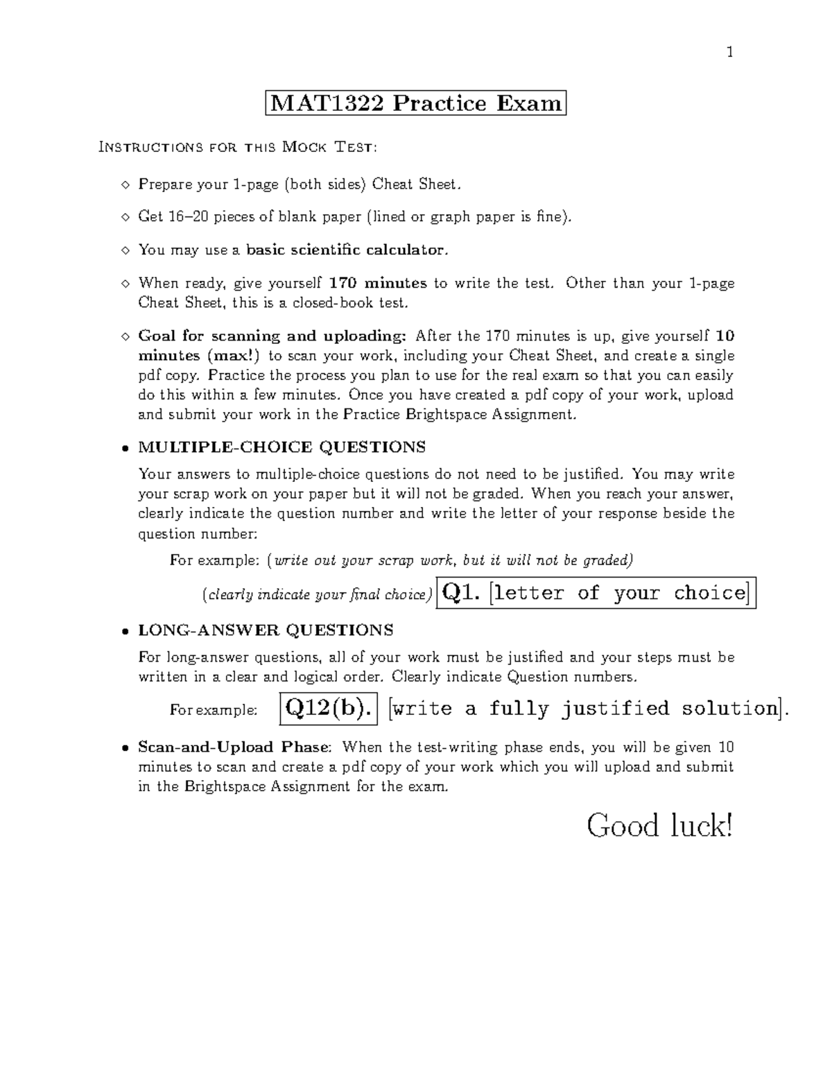 MAT1322 Practice Final Exam Solutions and Instructions - Studocu