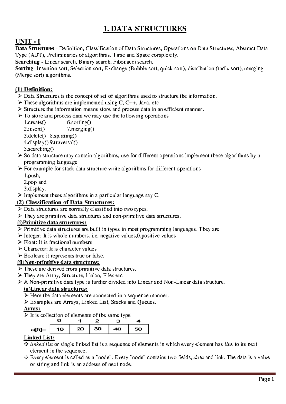 Data structure notes - B.TECH SECOND YEAR - 1. DATA STRUCTURES UNIT - I ...